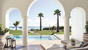 Un espace piscine avec vue sur la mer, des palmiers et un hamac.