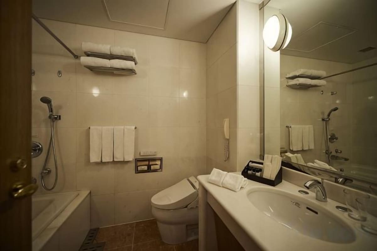 Combined shower/bathtub, eco-friendly toiletries, hair dryer, slippers