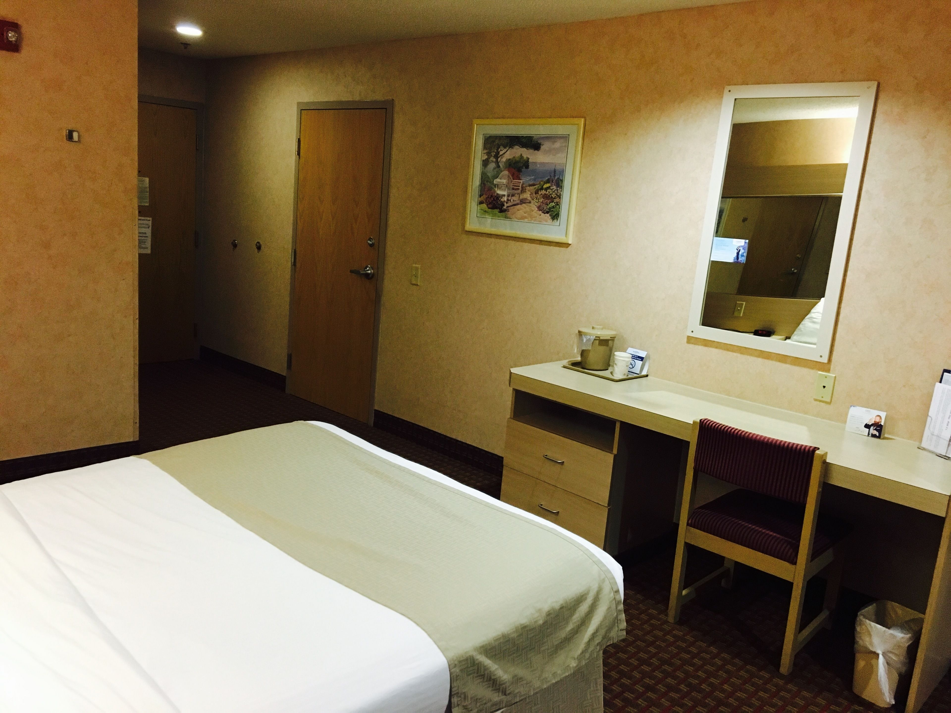 A hotel room with a bed, a desk, a chair, a mirror, and a trash bin.
