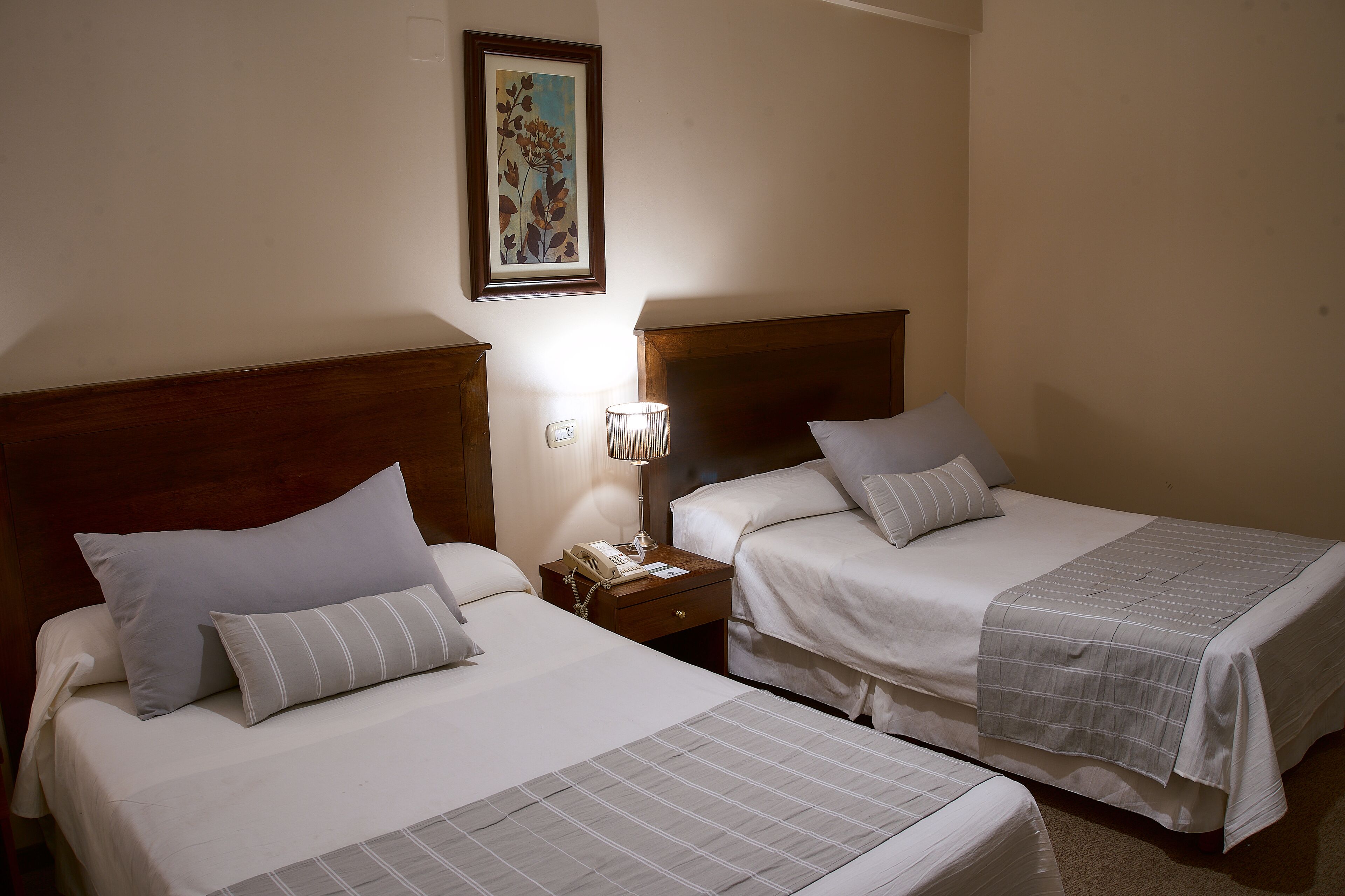 Two single beds with wooden headboards, white bedding, and a bedside table with a lamp and a phone.