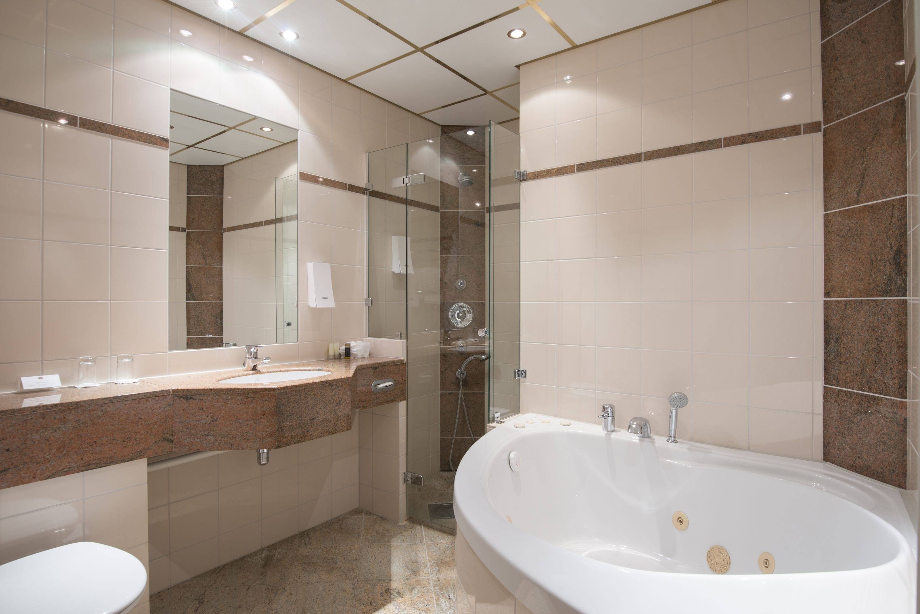 designer toiletries, hair dryer, towels, soap