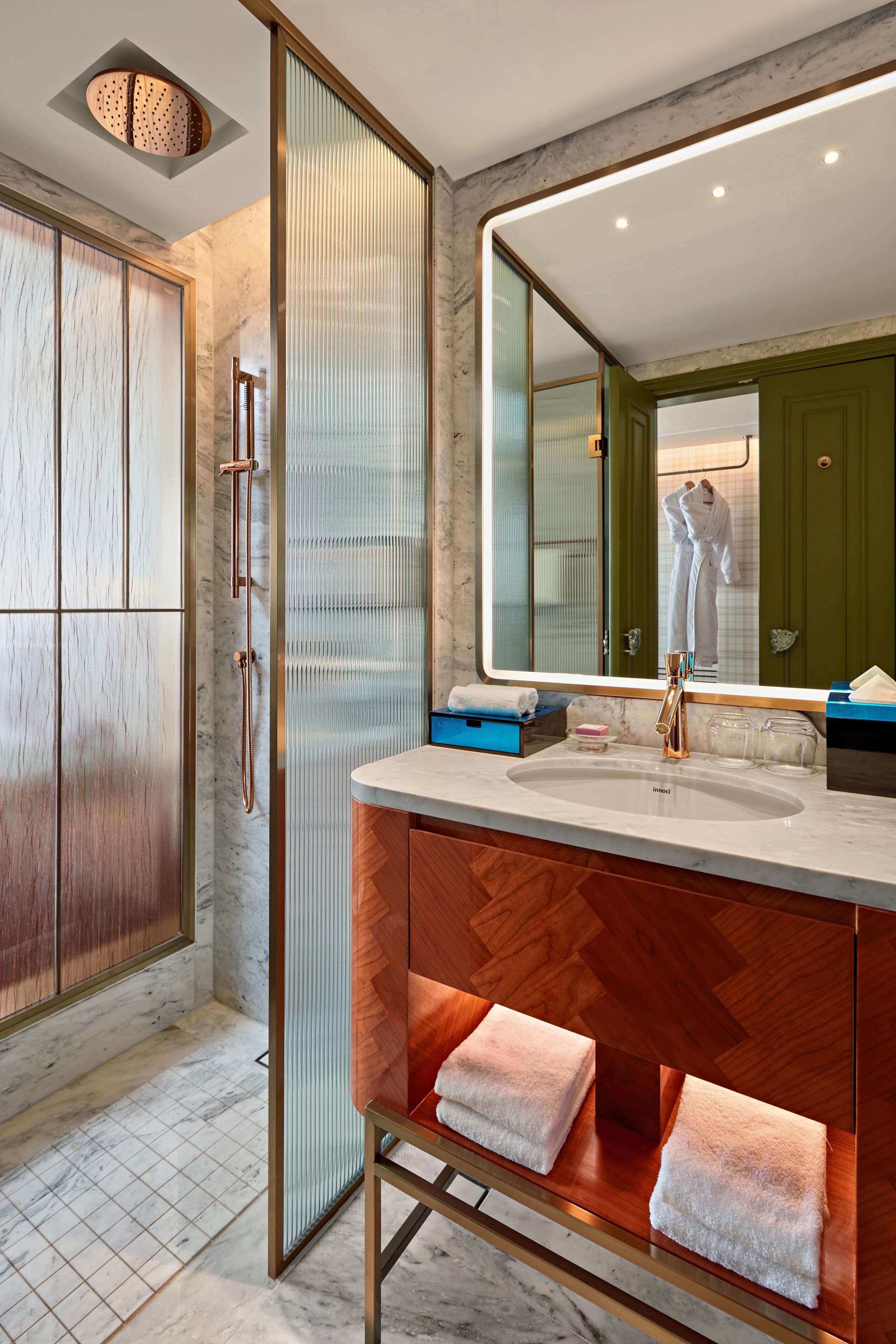 rainfall showerhead, eco-friendly toiletries, hair dryer, bathrobes