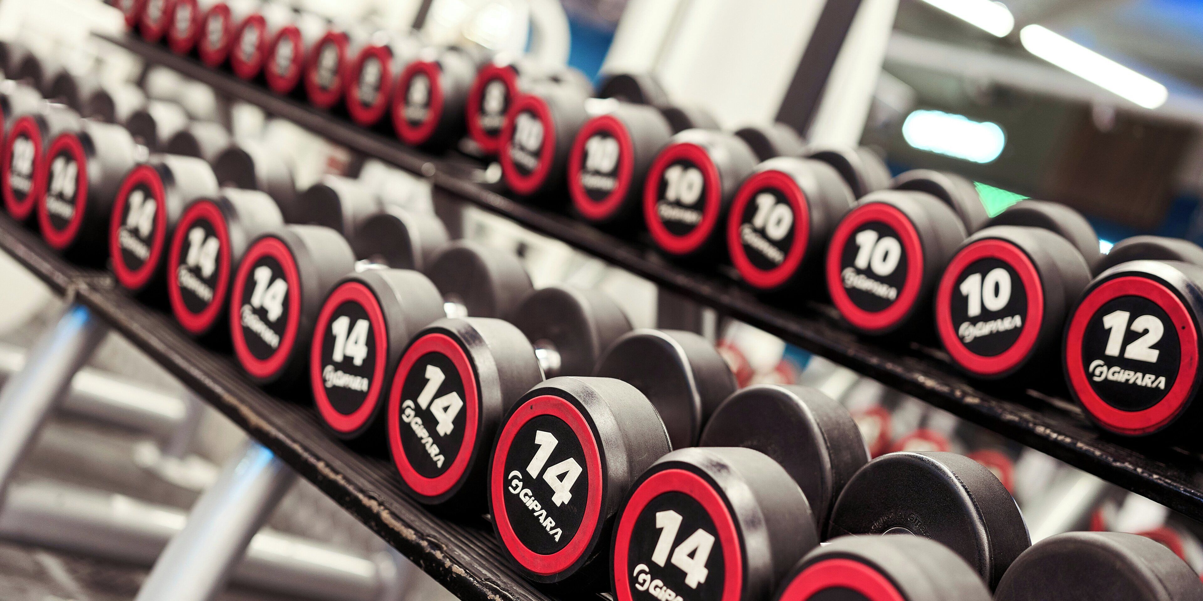 A rack of dumbbells with weight markings.