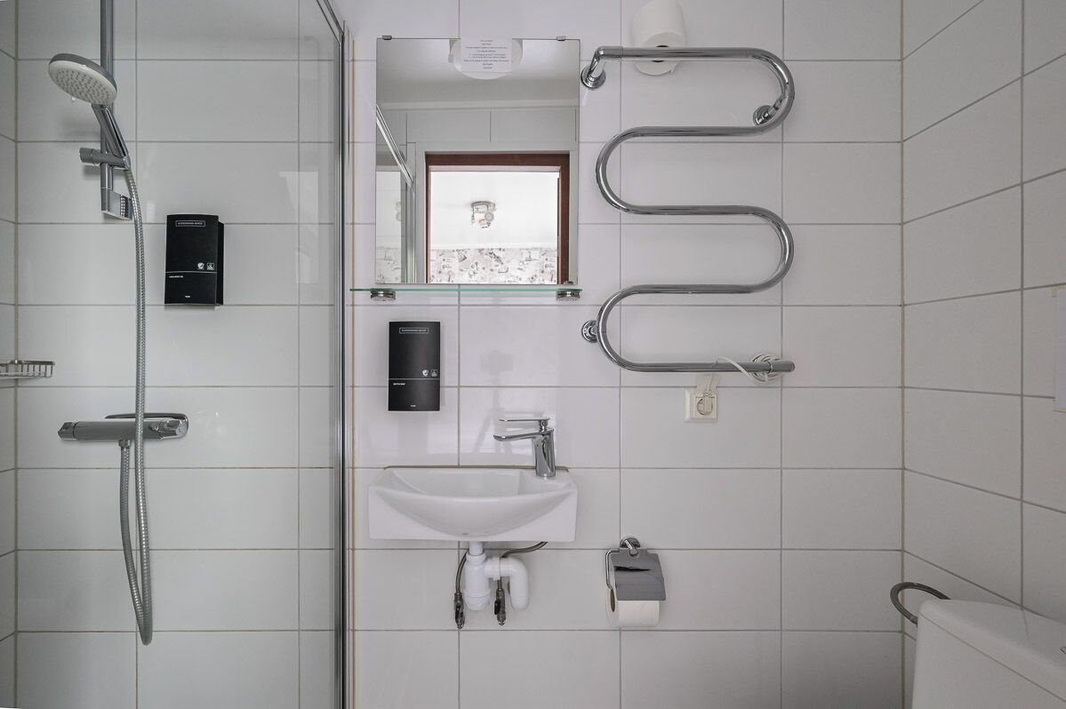 A modern bathroom with a glass shower enclosure, a white sink, and a mirror.
