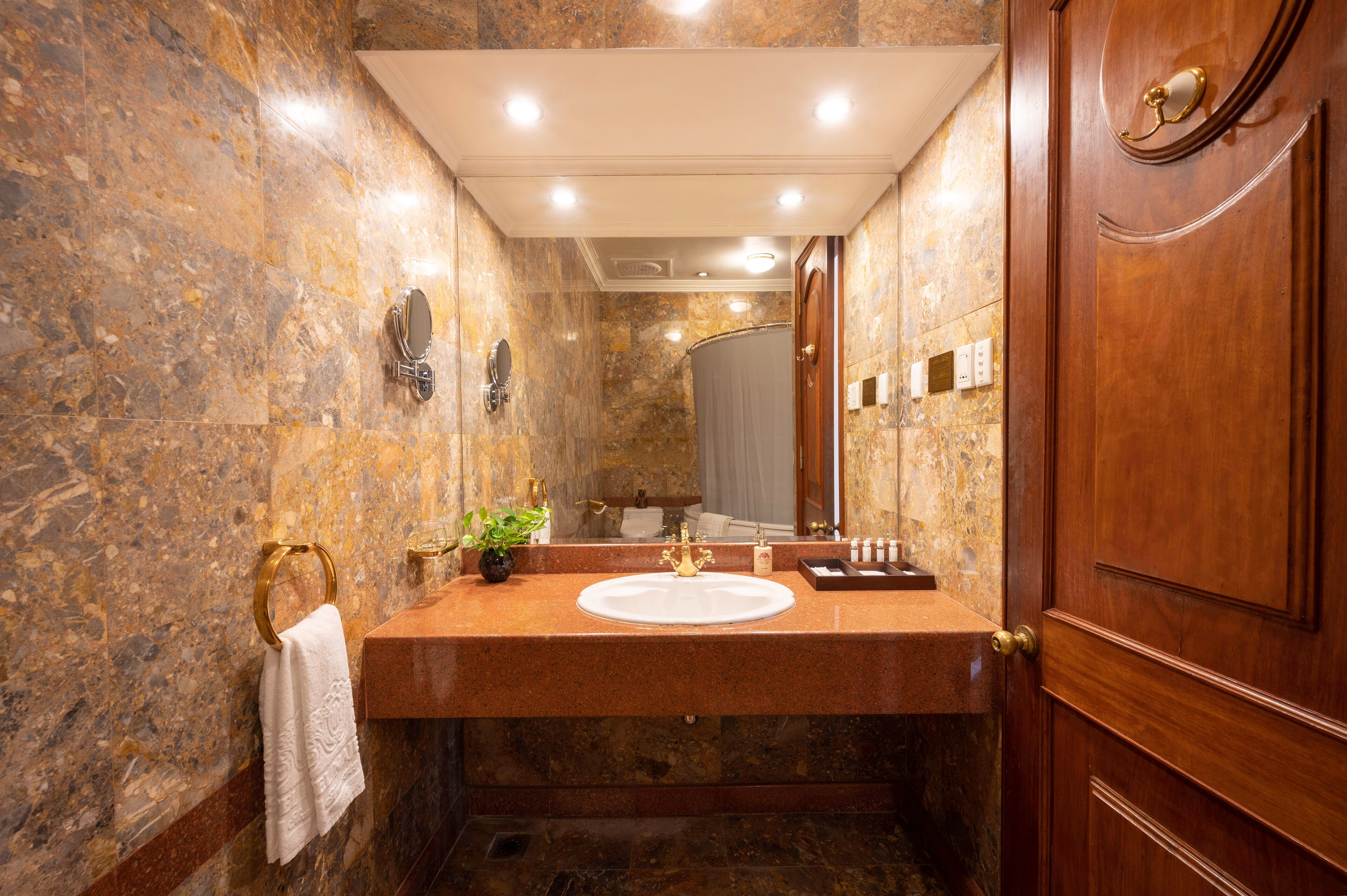 Une salle de bain avec un mur en marbre, un lavabo avec un robinet doré et une porte en bois.