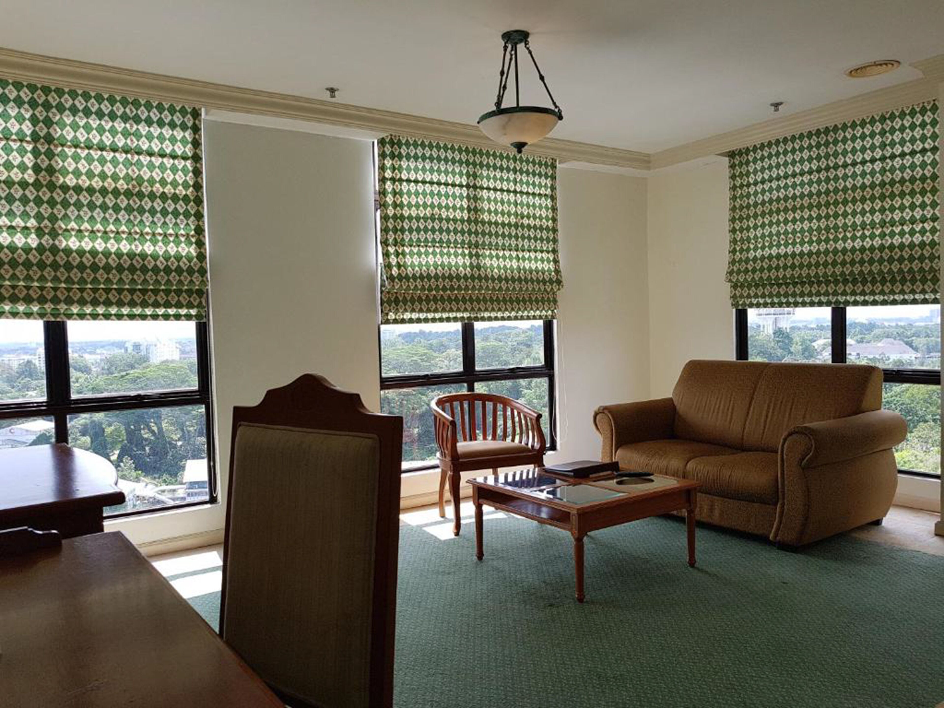 A living room with a brown sofa, a wooden coffee table, and a chair. There are two windows with green patterned curtains.