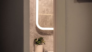 Une salle de bain avec un meuble-lavabo en bois, une plante en pot et un miroir avec un éclairage intégré.