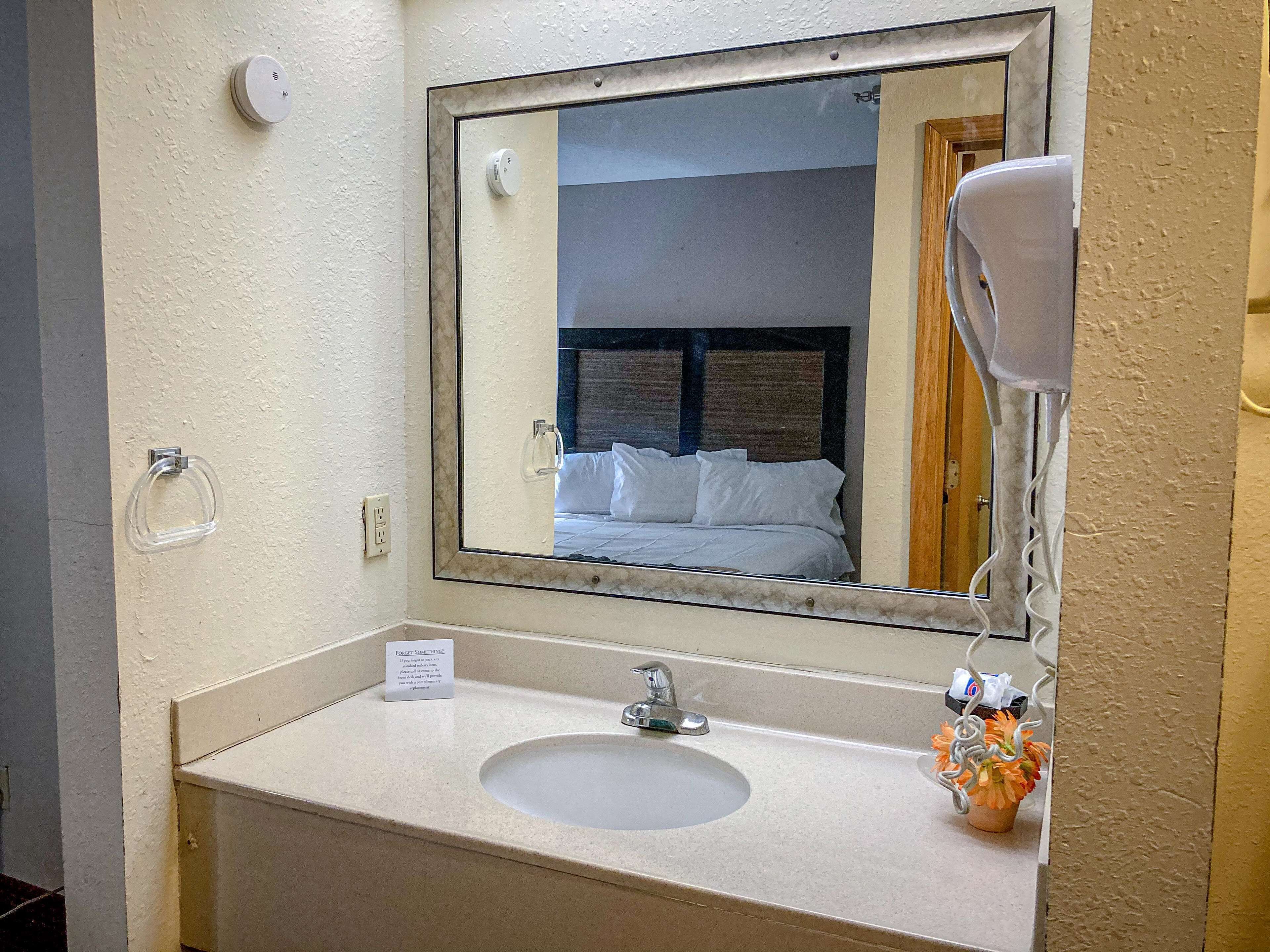 A bathroom with a large mirror, a sink, and a hairdryer.