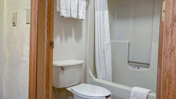 A bathroom with a toilet, a shower, and a bathtub.