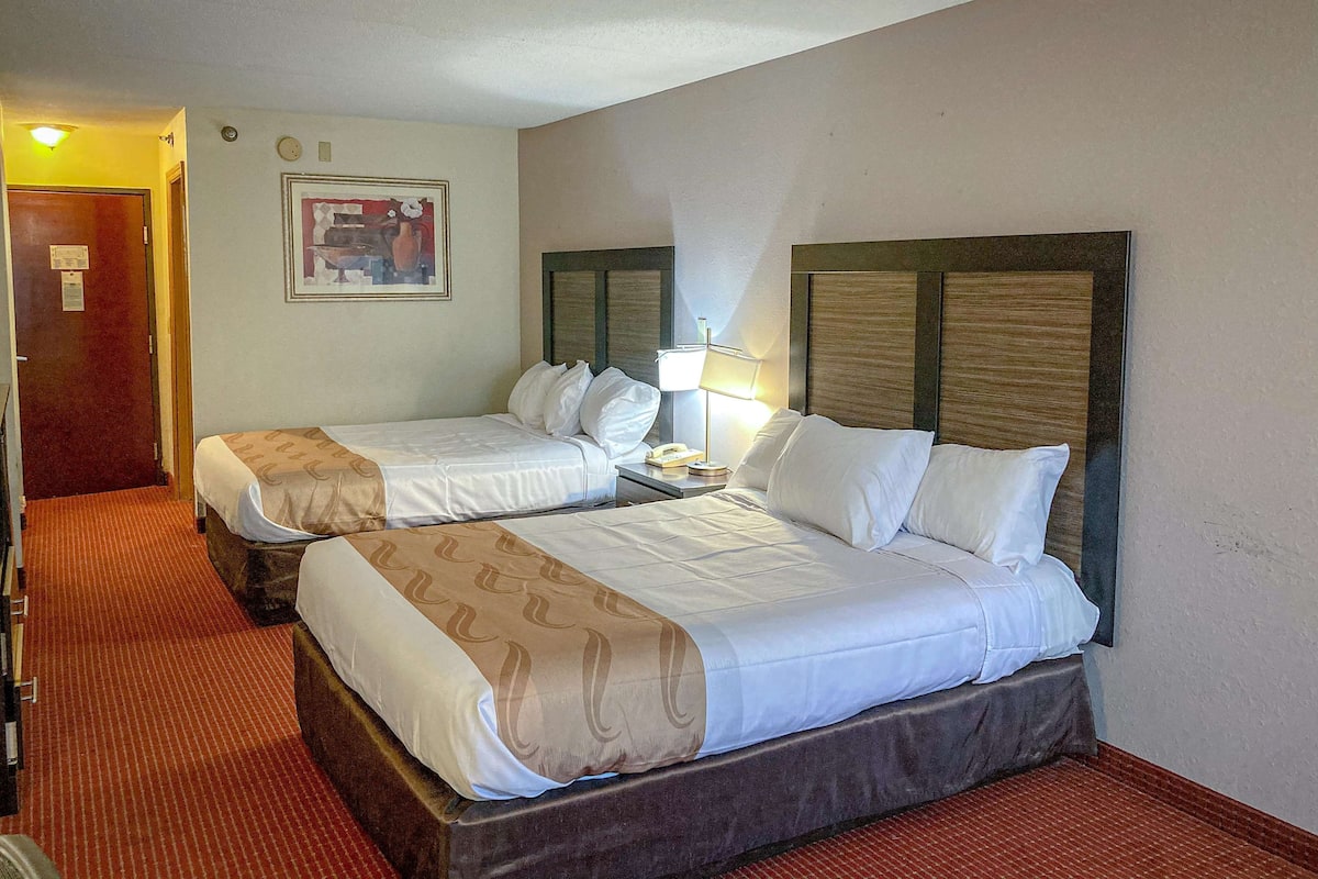 Desk, laptop workspace, blackout curtains, free WiFi