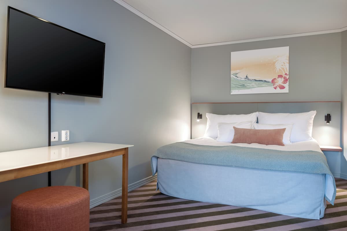 Una habitación de hotel con una cama, un televisor de pantalla plana, un escritorio y una alfombra a rayas.