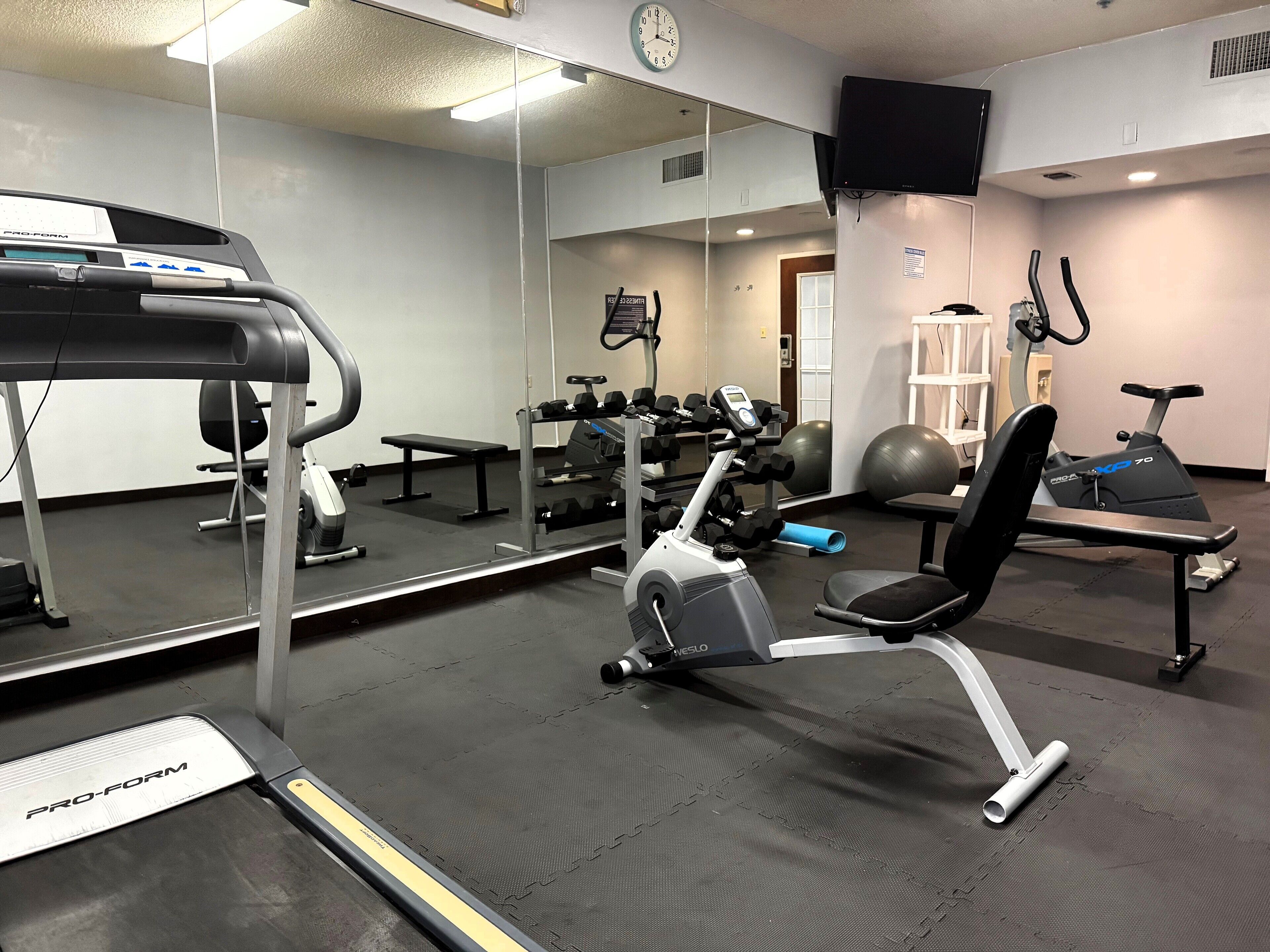 Une salle de sport équipée de matériel d’exercice, d’un tapis de course et d’un mur recouvert de miroirs.