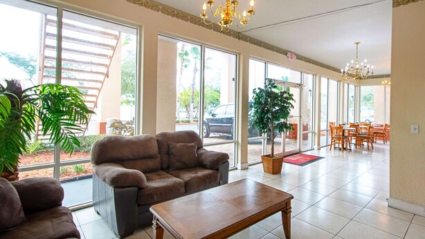 A spacious living area with a brown sofa, a wooden coffee table, and a large potted plant. - Econo Lodge Inn & Suites Clearwater Central (Clearwater)