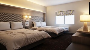 A hotel room with two beds, a large window with a geometric curtain, a bedside table with a lamp, and a wall-mounted air conditioning unit. - Holiday Inn Ciudad Juarez by IHG (Ciudad Juárez)