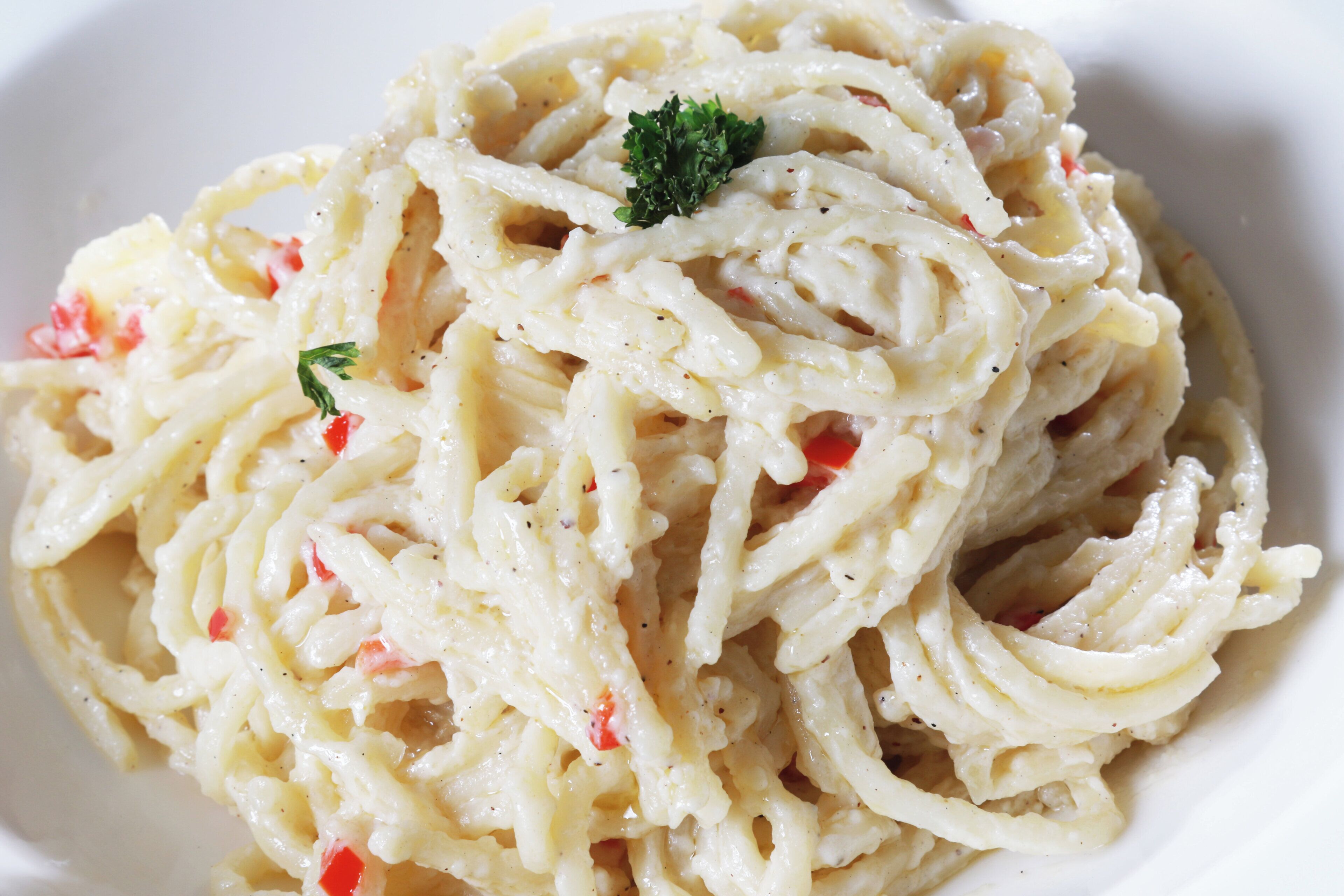 A plate of pasta with a garnish.