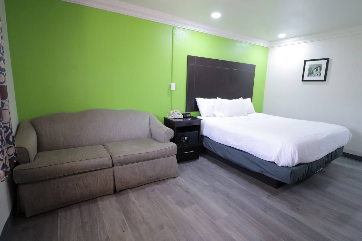 A hotel room with a bed, a sofa, a nightstand, and a green accent wall.
