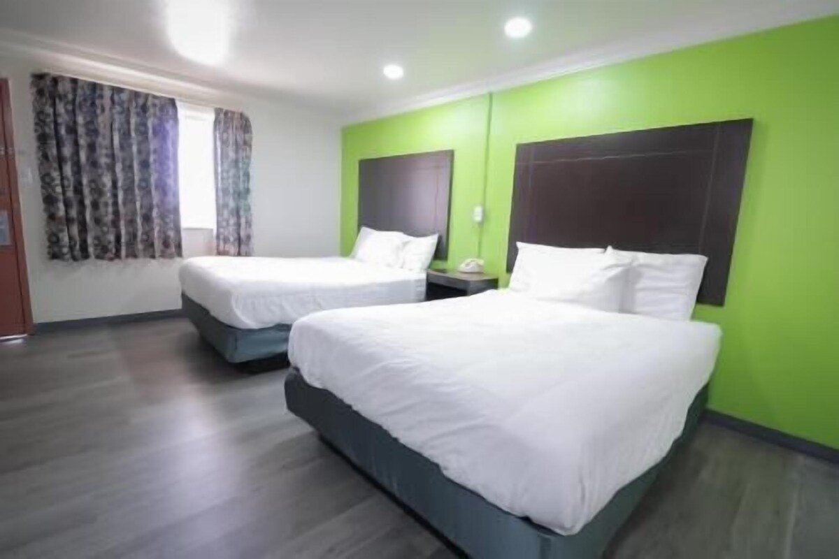 A hotel room with two beds, a green accent wall, and a window with patterned curtains.