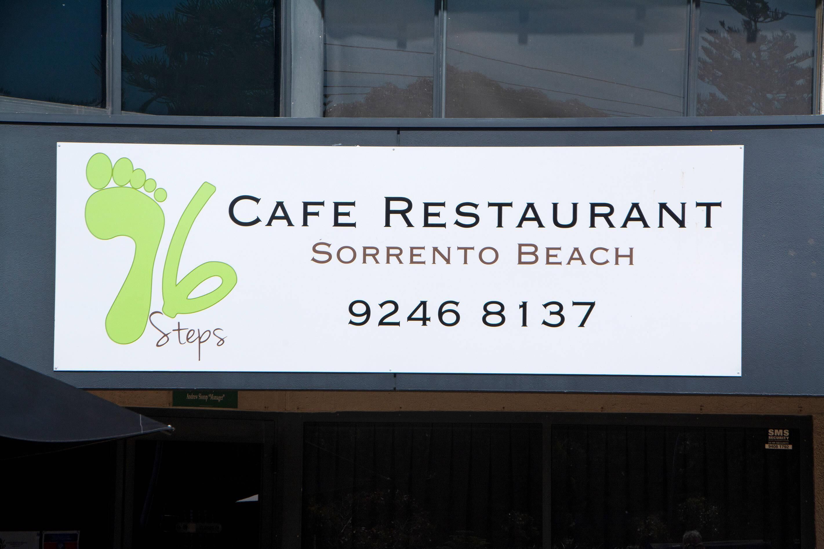 A sign for a cafe restaurant named 'Cafe Restaurant Sorrento Beach' with a phone number '9246 8137'.