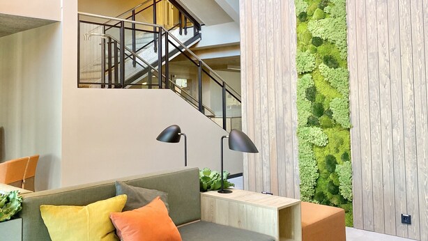 Una sala de estar moderna con un jardín vertical verde, una escalera y un sofá con cojines.