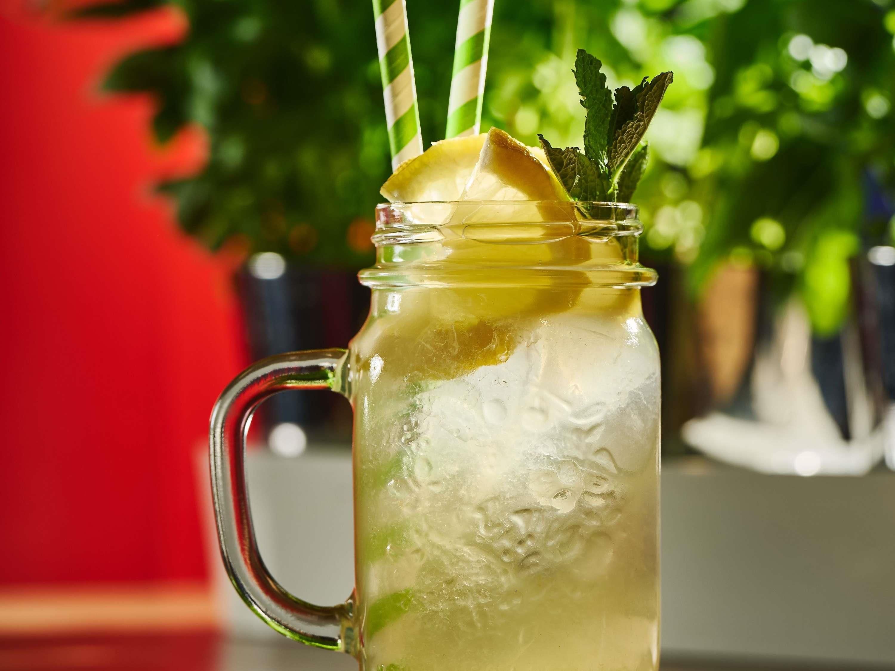 Ein durchsichtiges Glas mit Henkel, gefüllt mit einem Getränk, Eiswürfeln, einer Zitronenscheibe und einem Minzblatt.