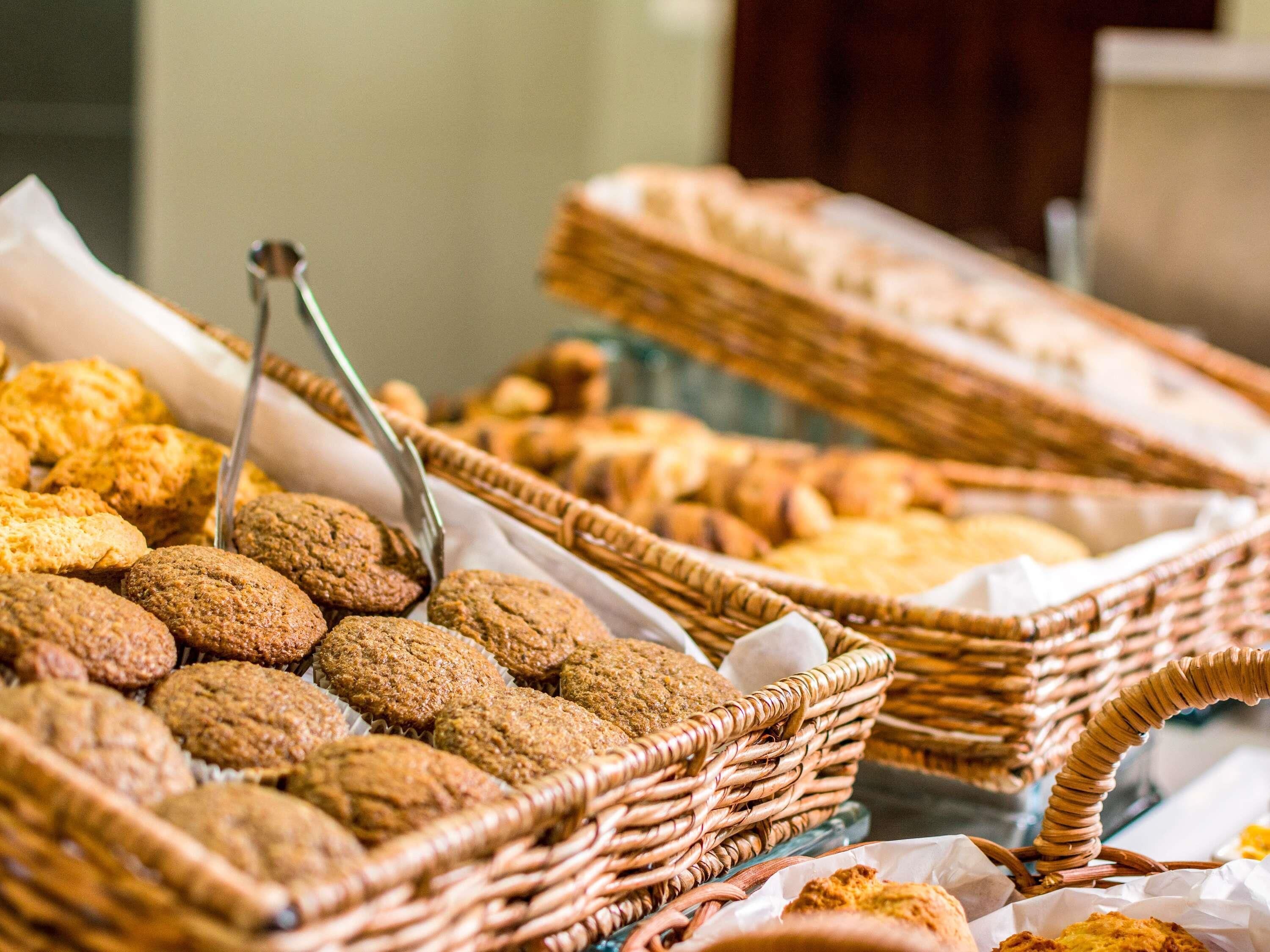 Wicker baskets filled with cookies and pastries.