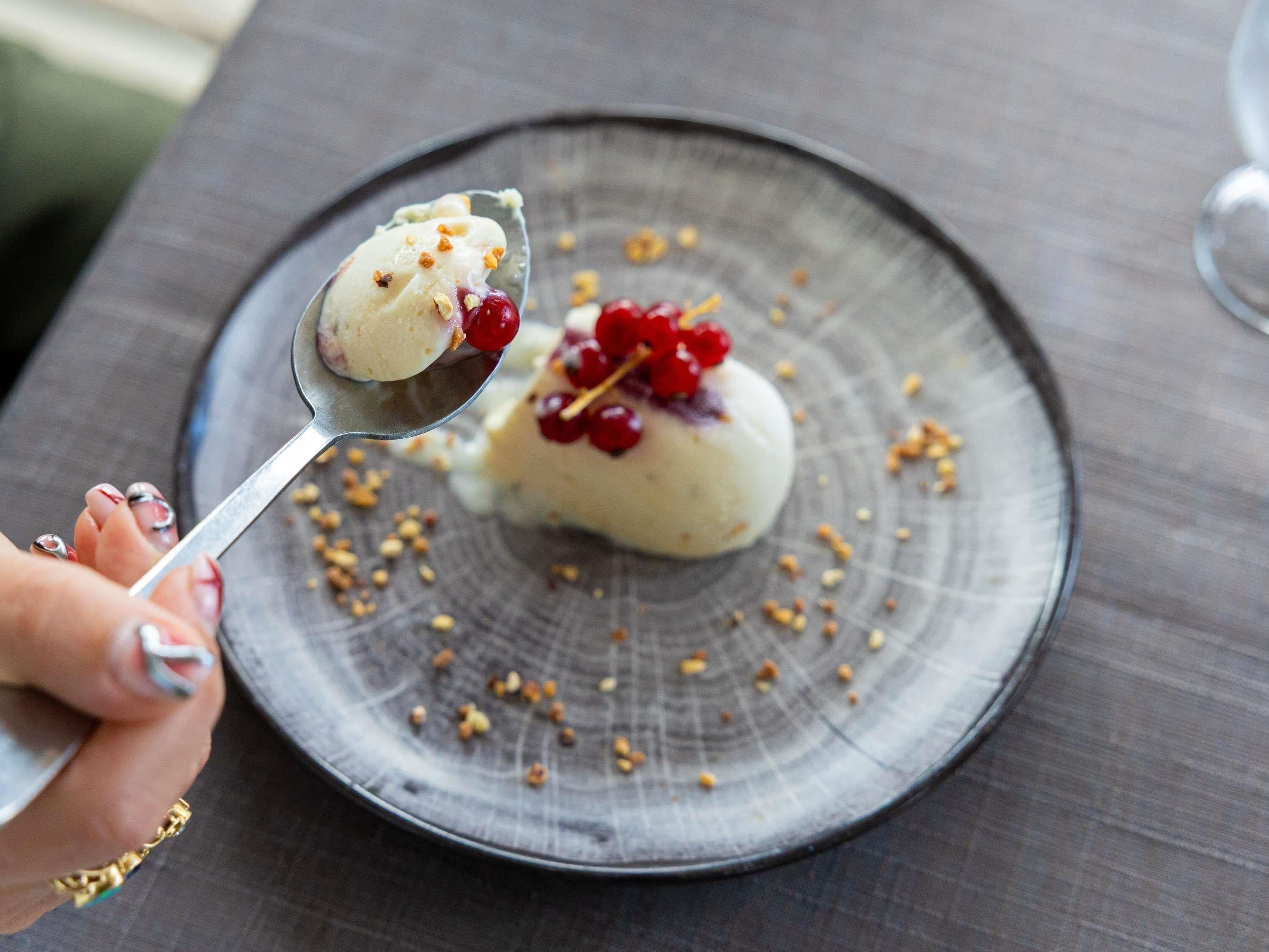A dessert plate with a scoop of ice cream and berries on a textured plate.
