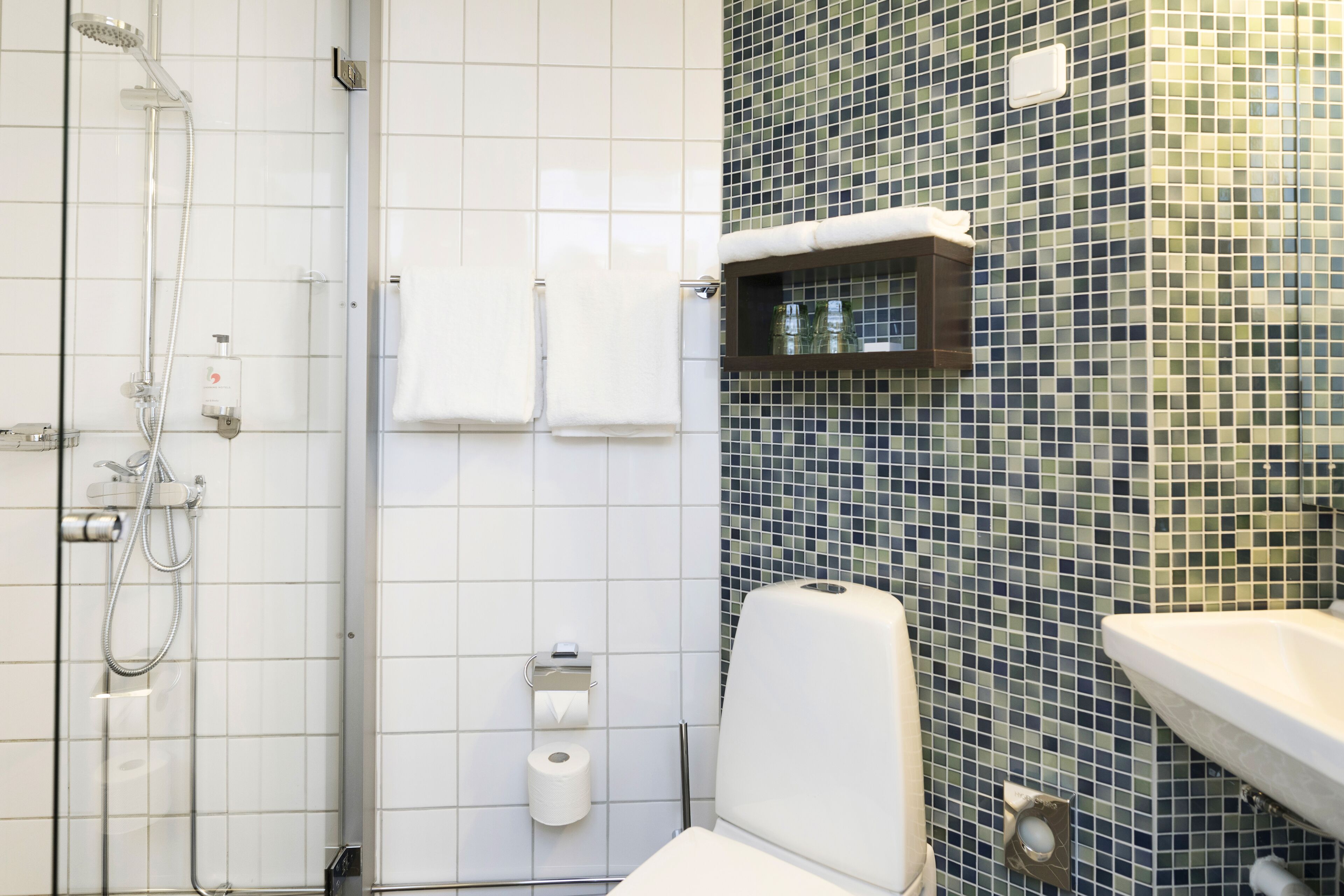 shower, eco-friendly toiletries, towels