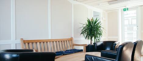 A modern dining area with a wooden table and black leather chairs, a wooden bench, and a potted plant.