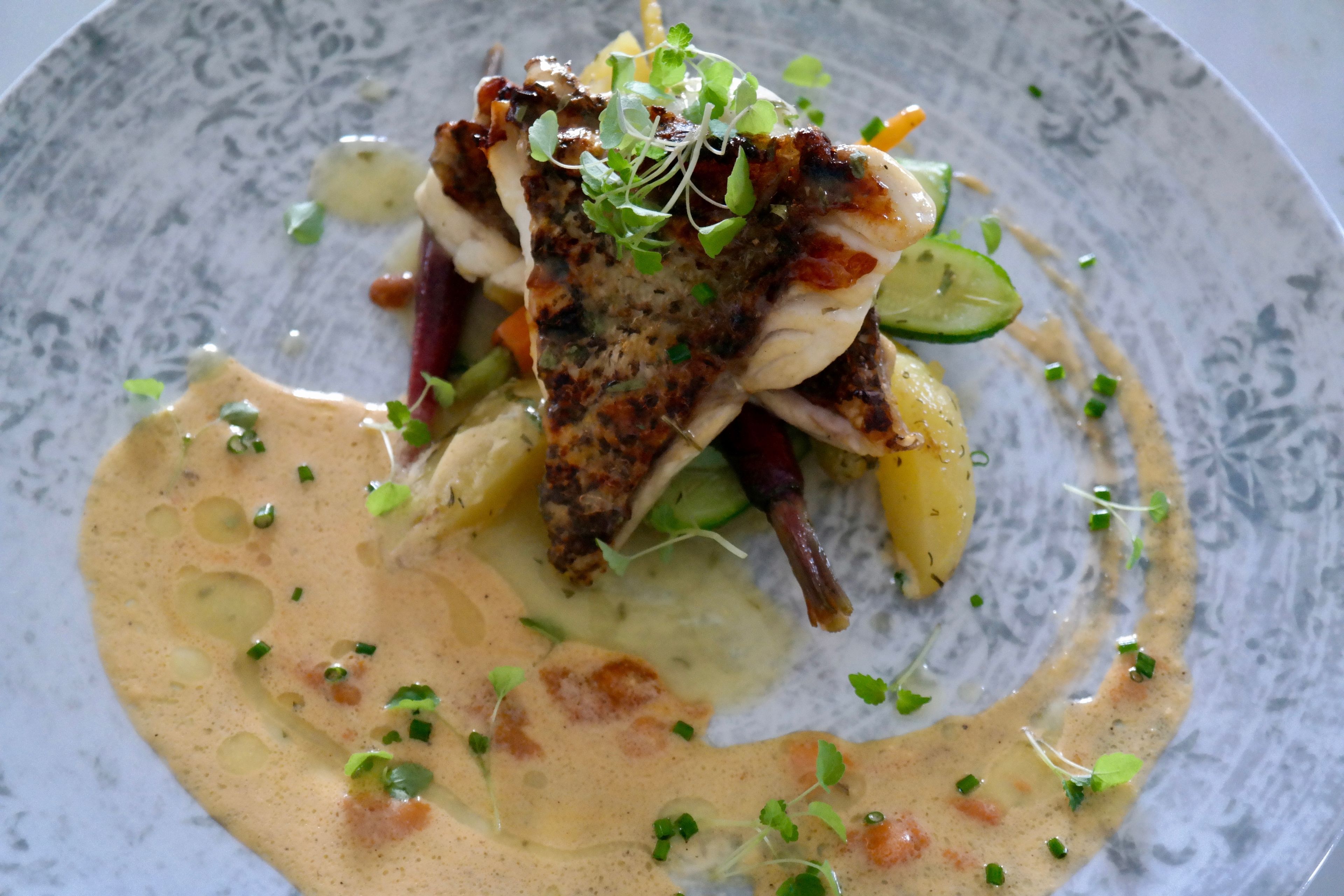 Plat de menjar amb salsa cremosa, decorat amb herbes i verdures.