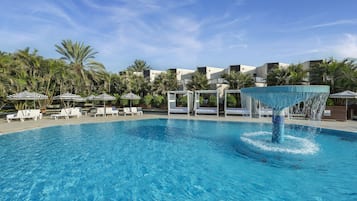 Outdoor pool, pool umbrellas, pool loungers