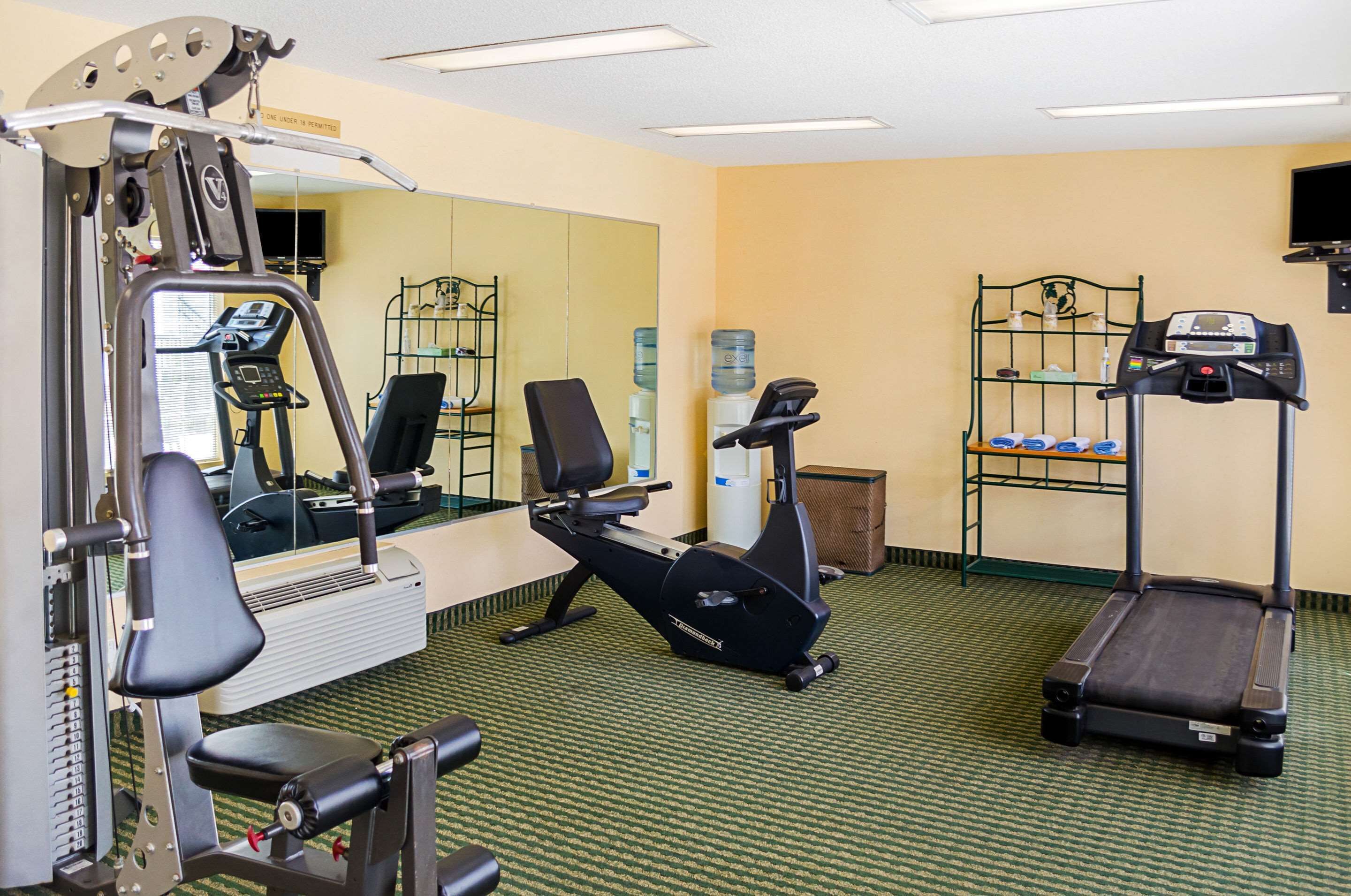 A gym with cardio machines, a treadmill, and a mirrored wall.
