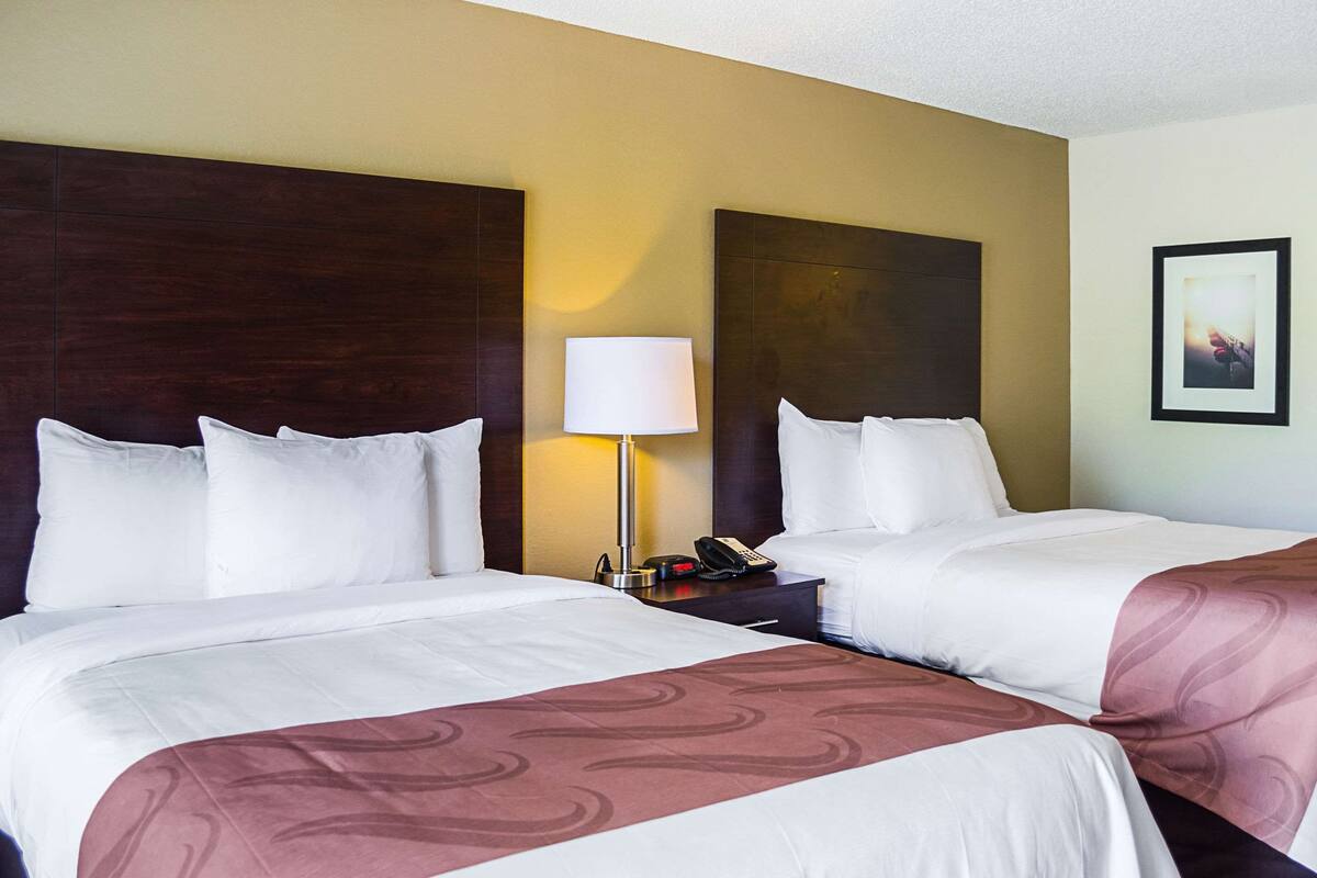 A hotel room with two beds, a nightstand with a lamp, and a framed picture on the wall.