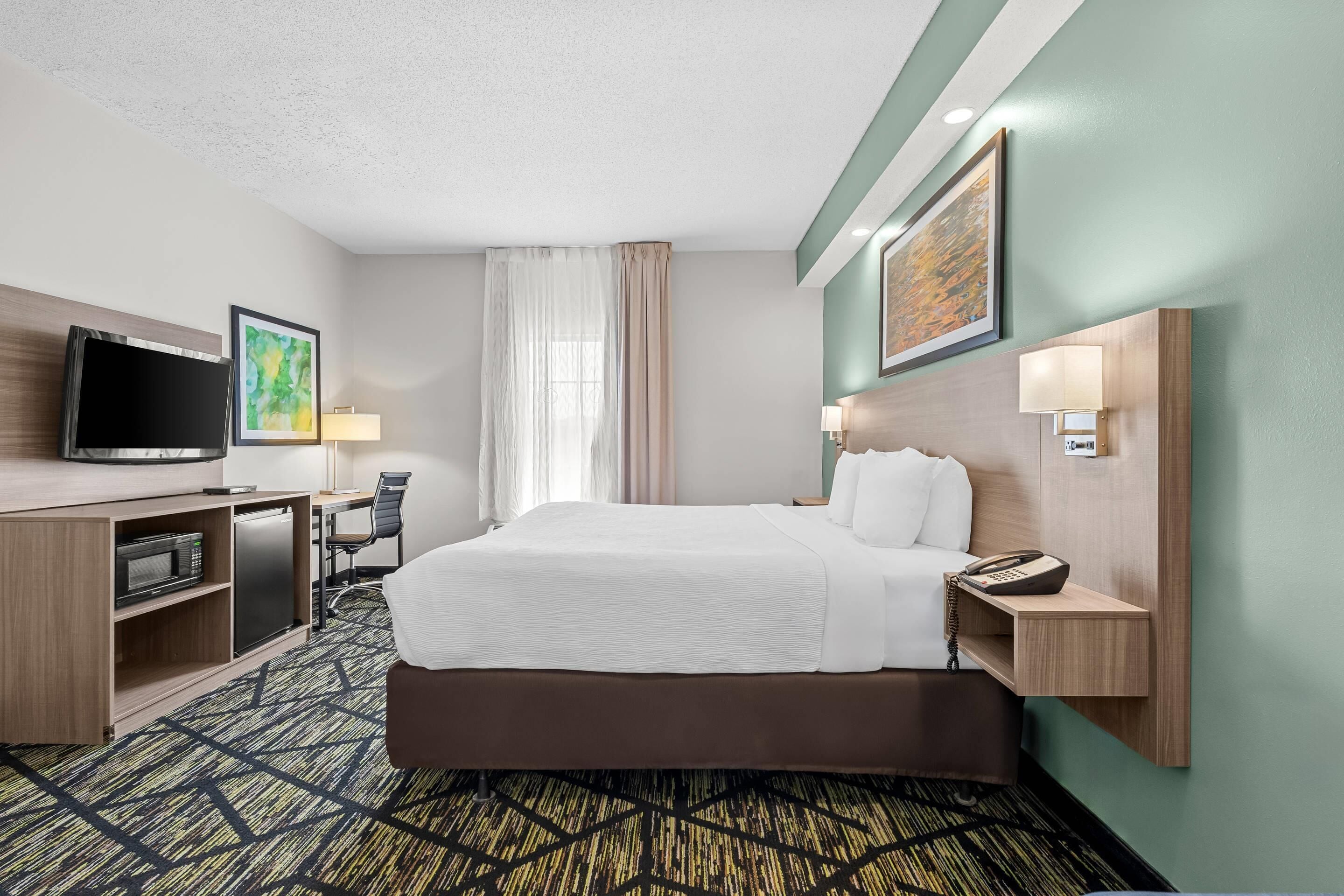 Habitación de hotel con cama, escritorio, televisor y microondas.