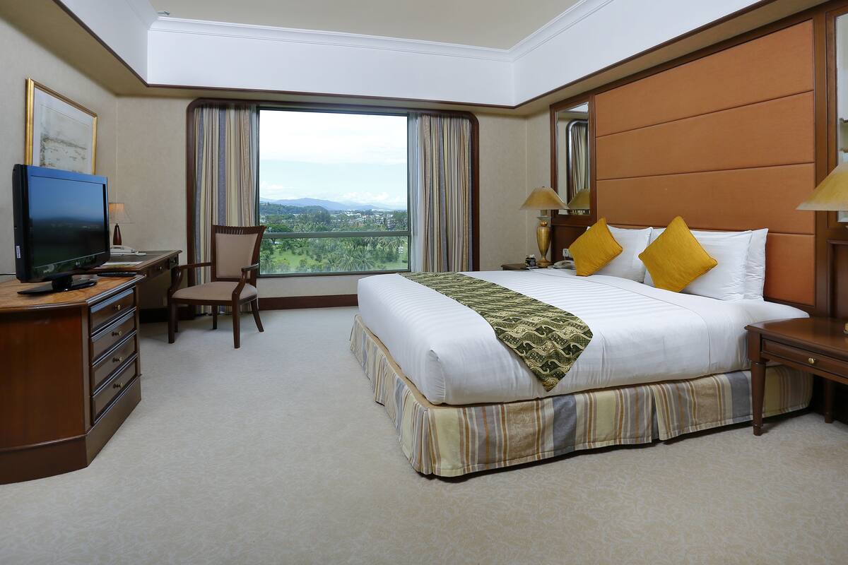 A hotel room with a large bed, a desk with a television, a chair, and a view of the outdoors.