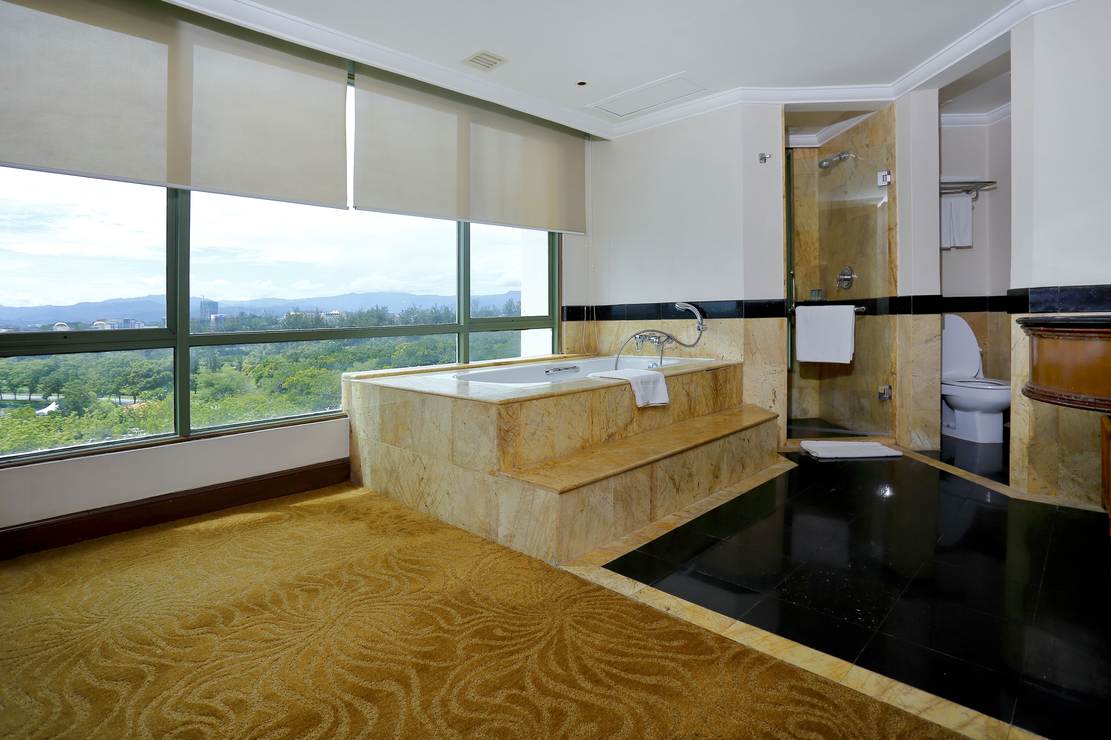 separate bathtub and shower, deep-soaking bathtub, rainfall showerhead