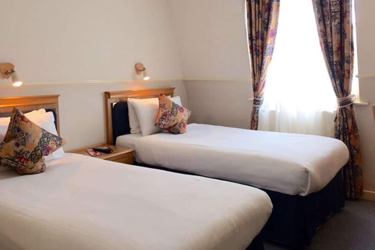 Habitación de hotel con dos camas individuales, cada una con cabecero de madera y mesita de noche. Las camas tienen almohadas decorativas, y la habitación presenta un diseño sencillo y limpio, con ventana y cortinas.