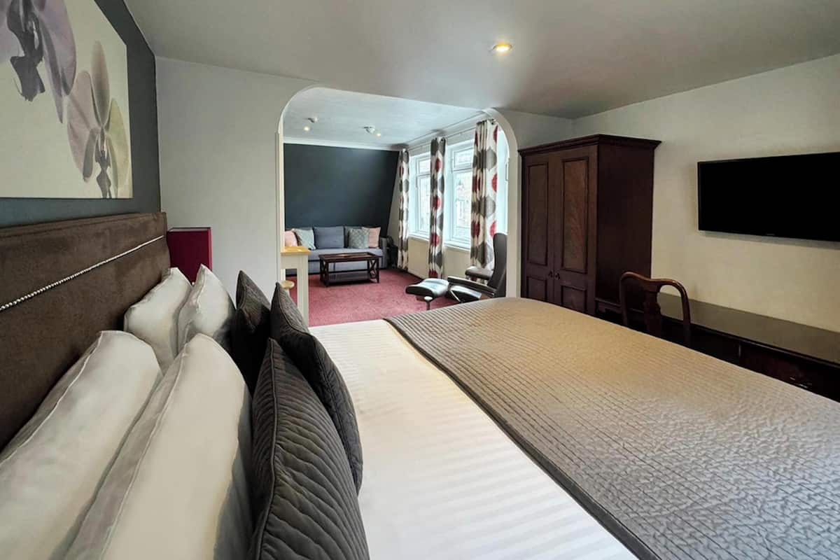 Habitación de hotel con una cama grande, un escritorio, una silla, un televisor y vistas al área de estar.