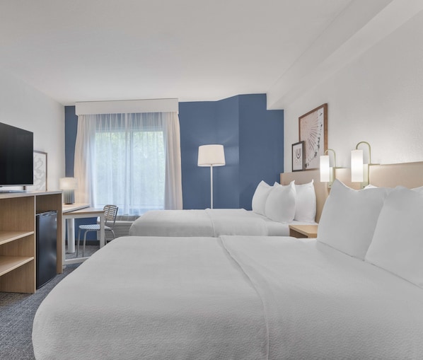 Room, 2 Double Beds | Desk, laptop workspace, blackout drapes, iron/ironing board