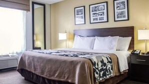 A hotel room with a large bed, a bedside table with a lamp, a mirror, and three framed pictures on the wall. - Sleep Inn Tinley Park I-80 near Amphitheatre-Convention Center (Tinley Park)