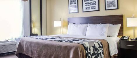 Habitación de hotel con una cama grande, una mesita de noche con lámpara, un espejo y tres cuadros en la pared.