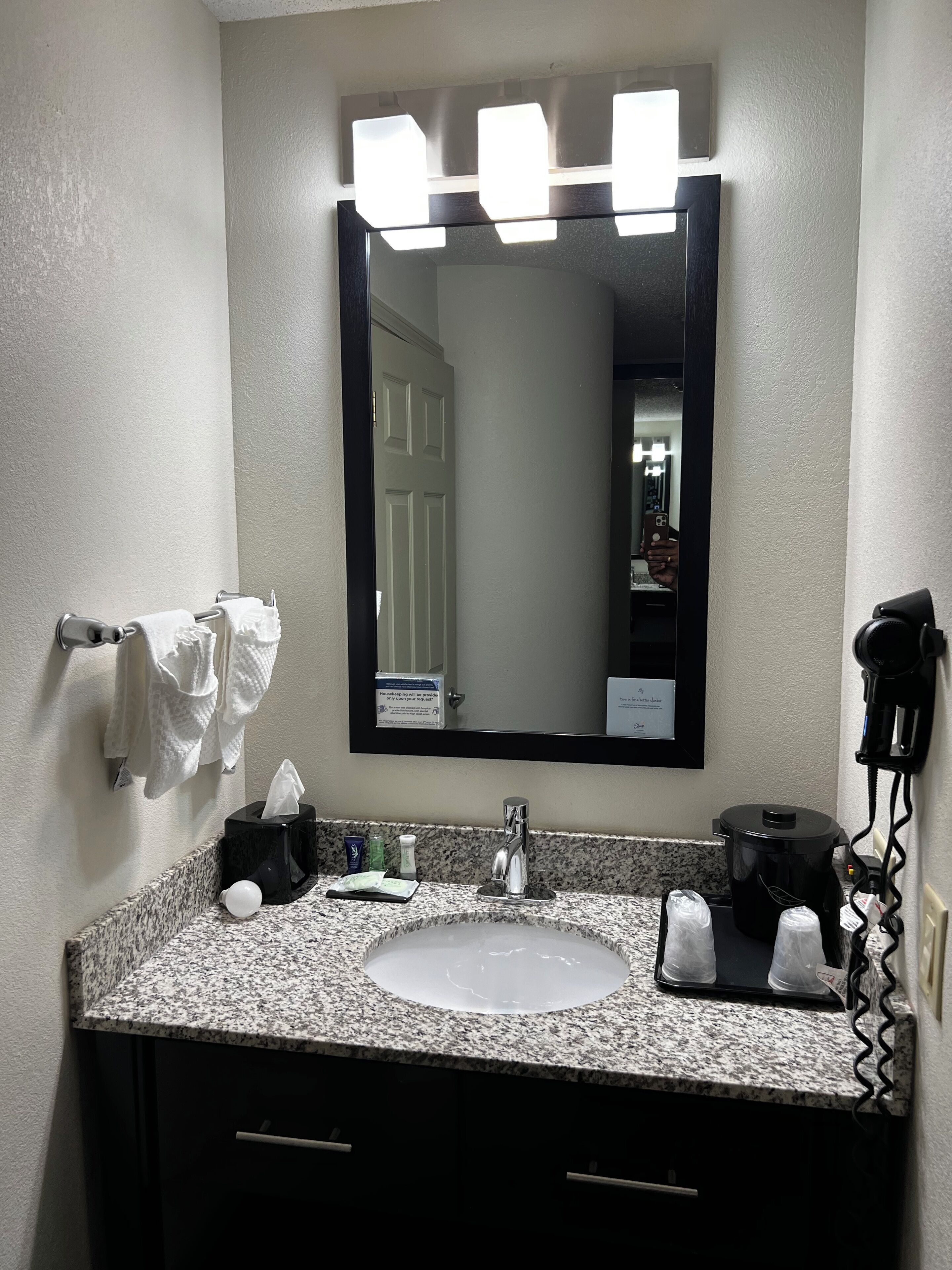 free toiletries, hair dryer, towels