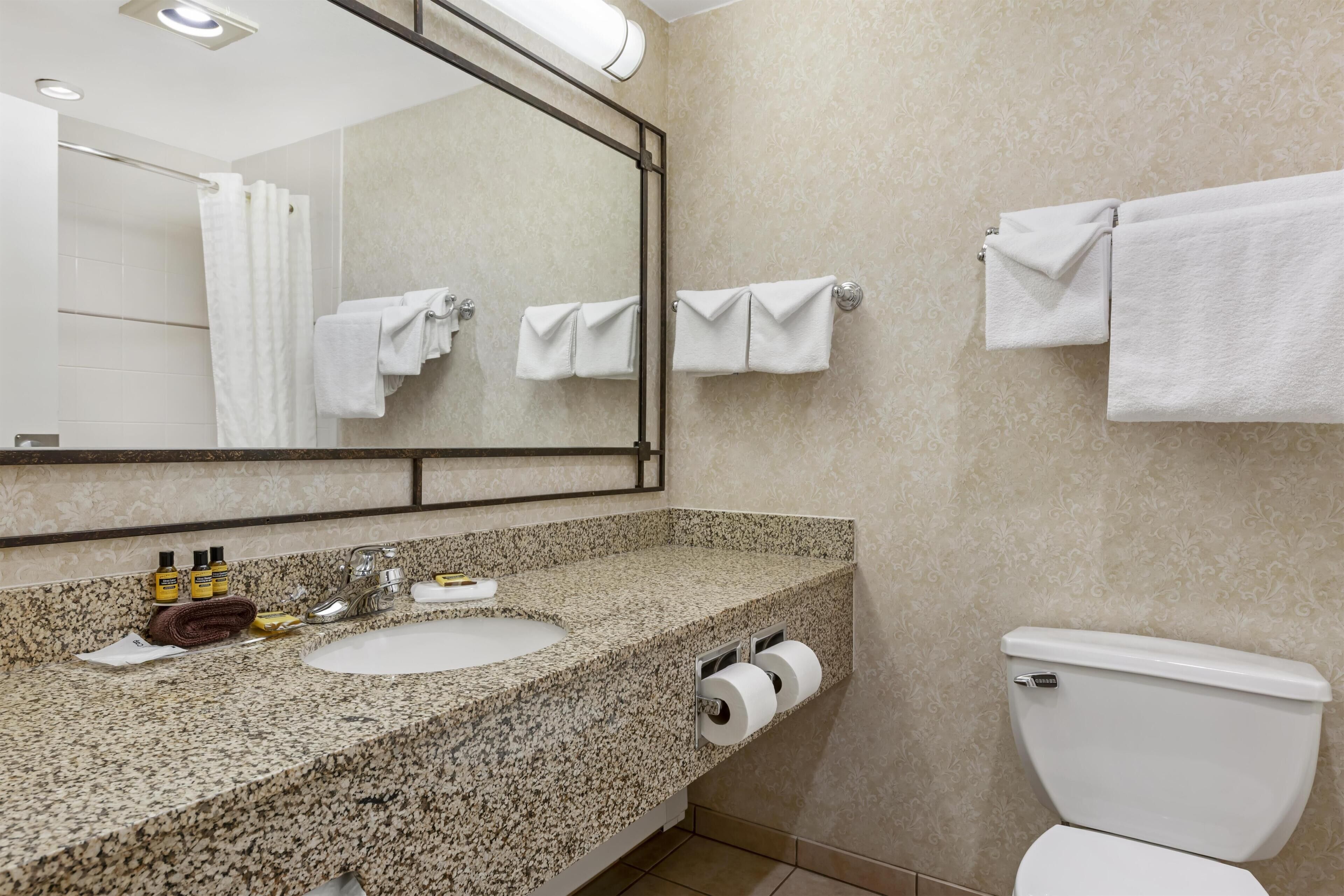 A bathroom with a granite countertop, two sinks, a toilet, a mirror, and towels on hooks.