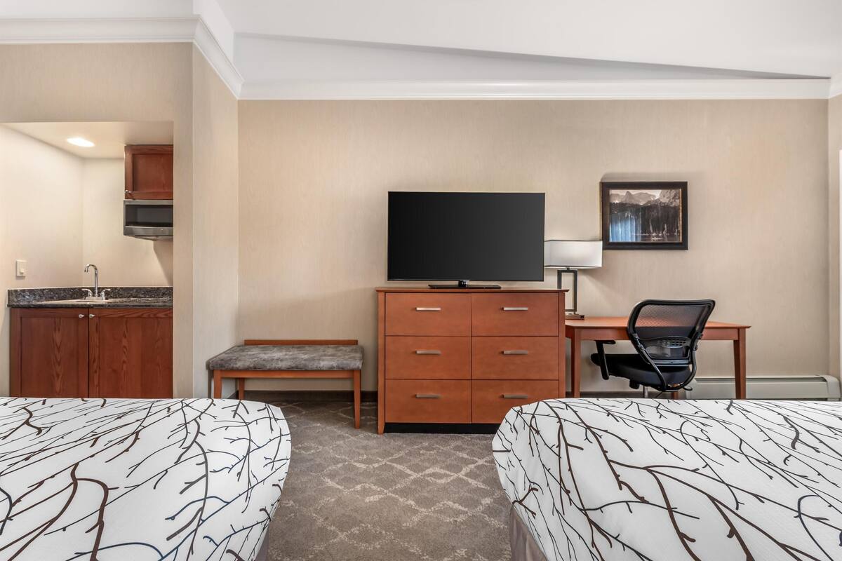 Une chambre d’hôtel avec deux lits, un bureau avec une chaise, une télévision, une petite armoire et un tableau au mur.