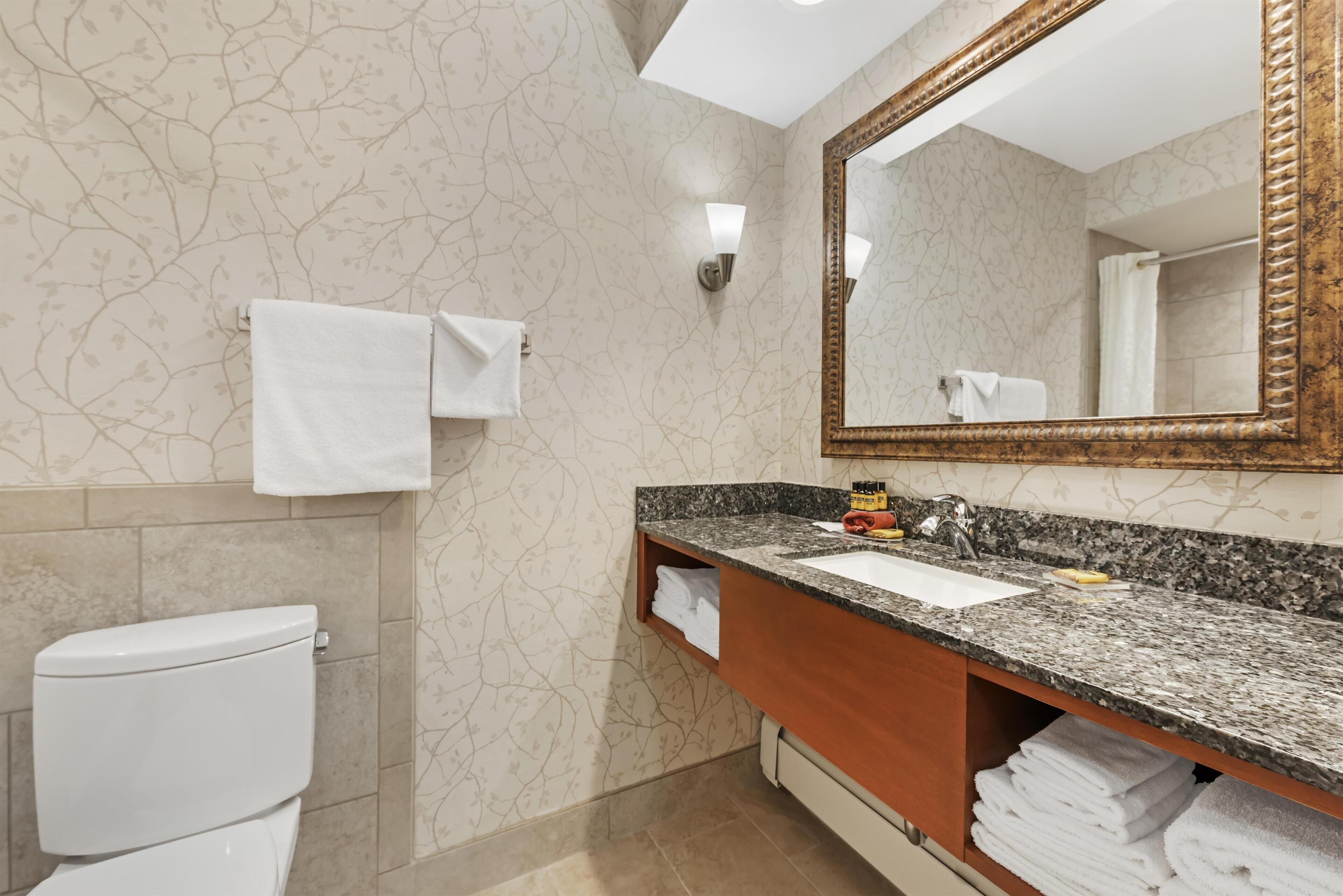 Un baño con inodoro, lavabo, espejo y toallas.