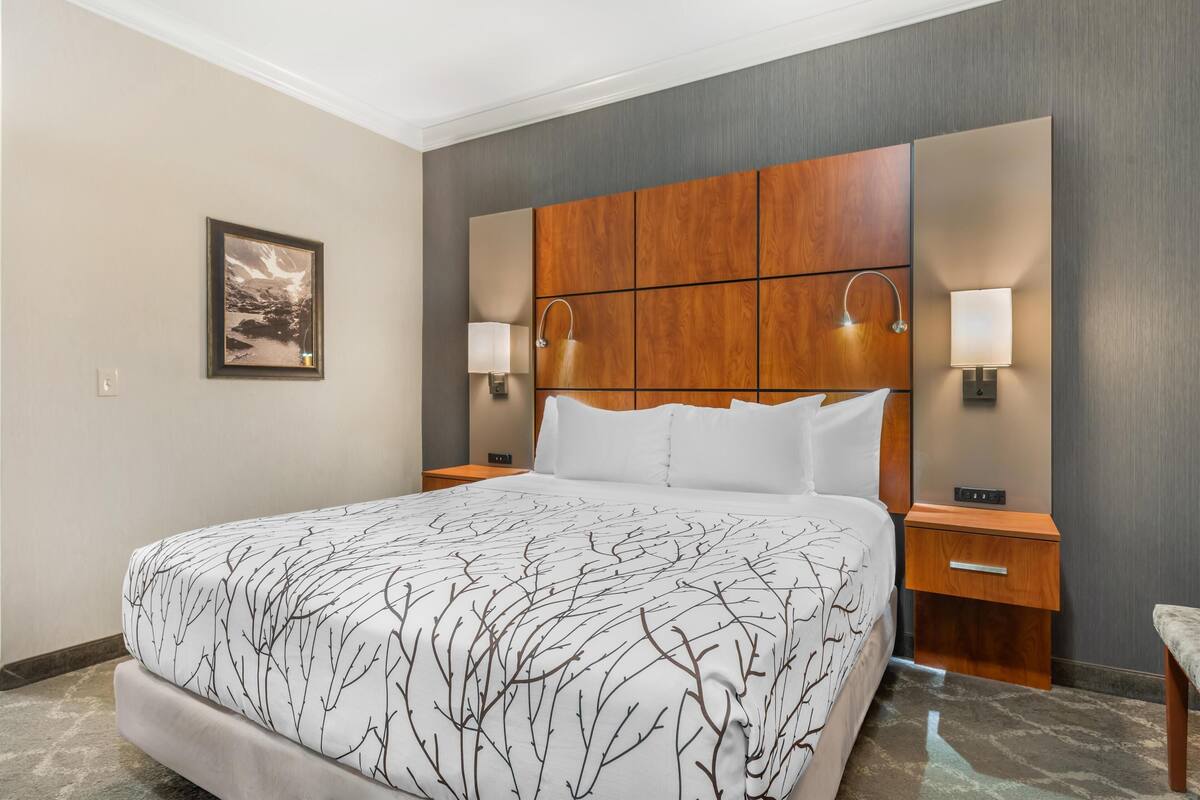 Une chambre d’hôtel avec un grand lit, une tête de lit en bois, deux lampes de chevet, un tableau encadré au mur et une petite table de chevet en bois.