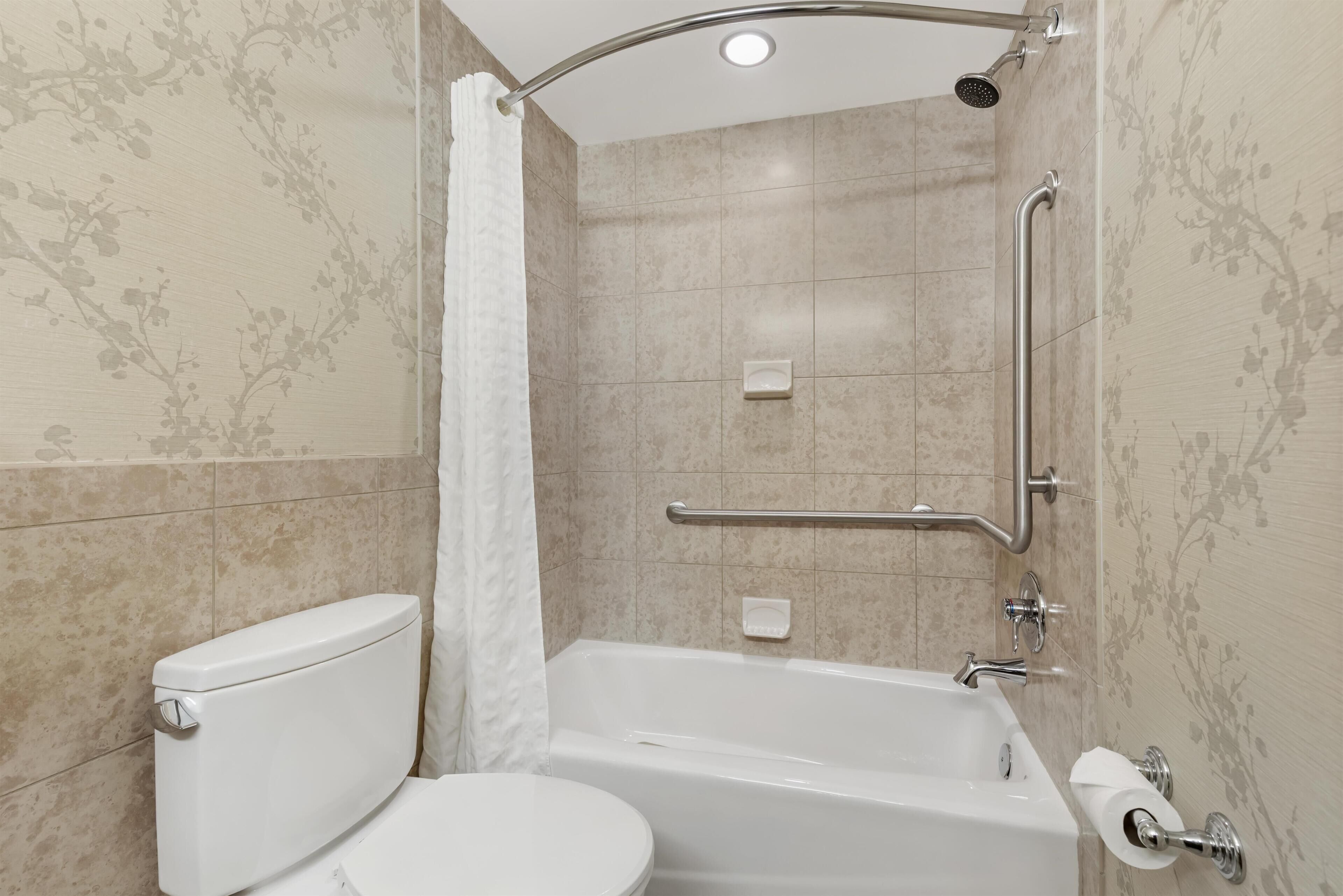 A bathroom with a toilet, a shower with a handrail, and a bathtub.
