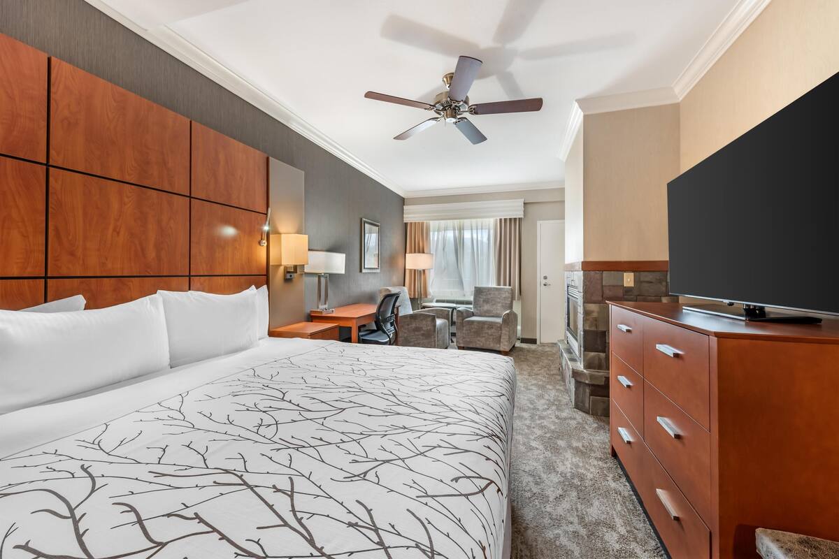 Une chambre d’hôtel avec un grand lit, un bureau, une chaise, une télévision et un ventilateur de plafond.