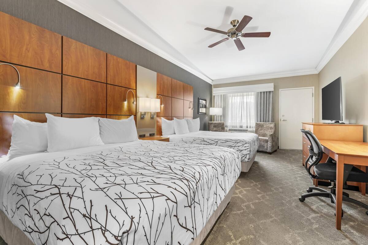 Une chambre d’hôtel avec un grand lit, un bureau, une chaise, une télévision et un ventilateur de plafond.