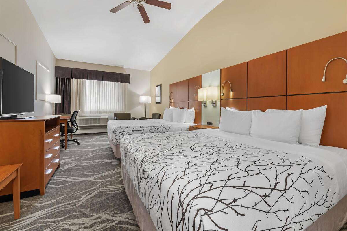 Une chambre d’hôtel équipée d’un lit, d’un bureau, d’une chaise et d’un téléviseur.