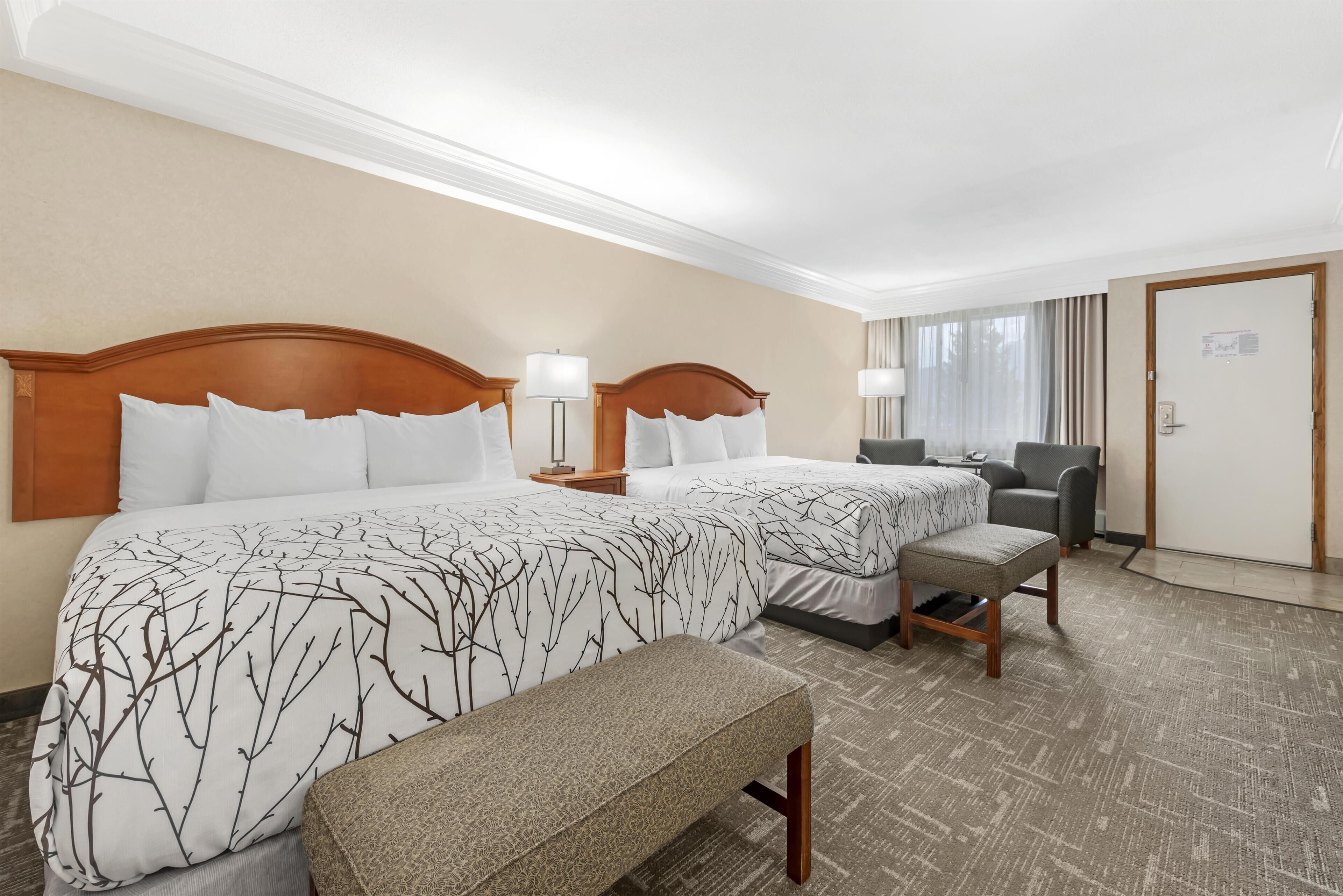Una habitación de hotel con dos camas, un banco, un escritorio y una silla.